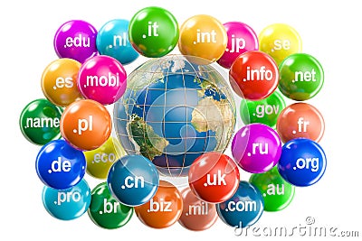 Earth Globe with domain names around, 3D rendering Stock Photo