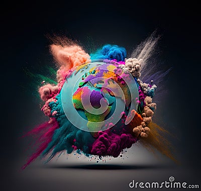 Earth globe exploding with colorful holi powder. Generative AI Stock Photo