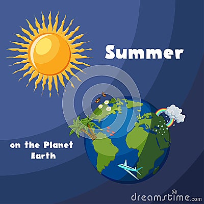 The Earth globe with flowers, butterflies, palm trees, rain, clouds, rainbow, airplane and shining sun. Cartoon Illustration