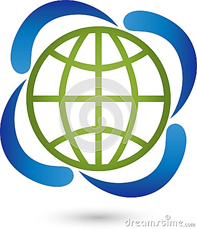 Earth globe and four water drops, energy and environmental logo Stock Photo