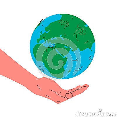 Earth globe with a hand. Vector concept illustration of blue and green earth planet globe with humans hand carefully holding it. Cartoon Illustration