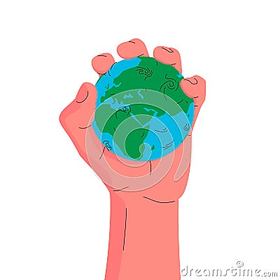 Earth globe in a hand. Vector concept illustration of a hand squeezing the globe. Blue and green planet earth squeezed in a palm. Vector Illustration