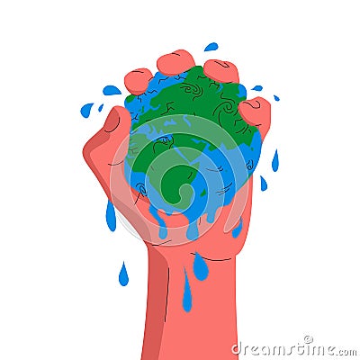 Earth globe in a hand. Vector concept illustration of a hand squeezing the globe. Blue and green planet earth squeezed in a palm. Vector Illustration