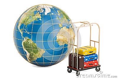 Earth globe and hotel trolley with colored suitcases, 3D rendering Stock Photo