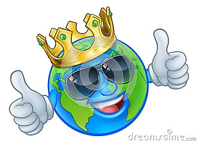 Earth Globe King Sunglasses Cartoon World Mascot Vector Illustration