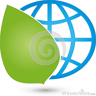 Earth globe and leaves, earth globe and ecology logo Stock Photo