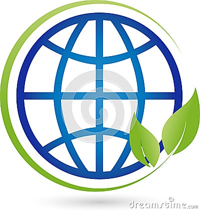 Earth globe and leaves, plant, ecology and earth logo Stock Photo