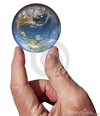 Earth globe lying on index finger and thumb as a marble sphere. The earth pinced between two fingers. Evironmental concept. Stock Photo