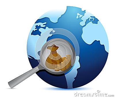 Earth globe and magnify glass searching for gold Cartoon Illustration