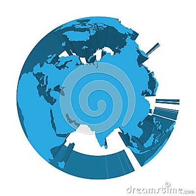Earth globe model with blue extruded lands. Focused on Asia. 3D vector illustration Vector Illustration
