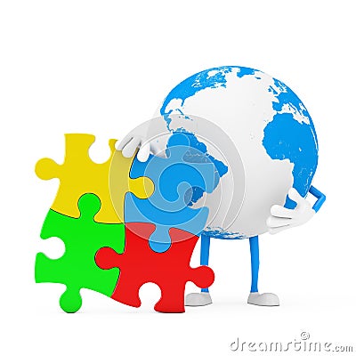 Earth Globe Person Character Mascot with Four Pieces of Colorful Jigsaw Puzzle. 3d Rendering Stock Photo