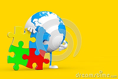 Earth Globe Person Character Mascot with Four Pieces of Colorful Jigsaw Puzzle. 3d Rendering Stock Photo