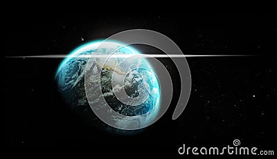 Earth, globe or planet in dark space for astronomy study, science and light in universe. 3d global sphere, sunrise and Stock Photo