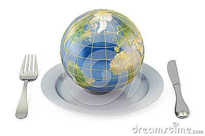 Earth globe on a plate with fork and knife. International cuisine concept, 3D rendering Stock Photo