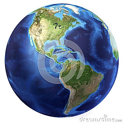 Earth globe, realistic 3 D rendering. Americas view. (Source map Stock Photo