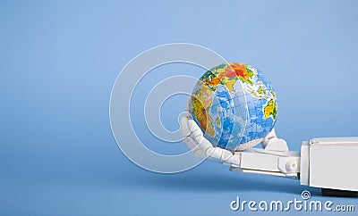 Earth globe in robotic hand, blue panorama background Stock Photo