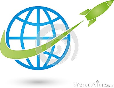 Earth globe and rocket, transportation and business logo Stock Photo