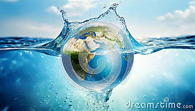 Earth Globe Sinking with Splashes in Sea Water - Generative Ai Stock Photo