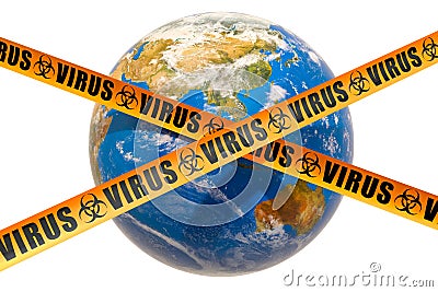 Earth globe with viruses and caution barrier tapes, 3D rendering Stock Photo