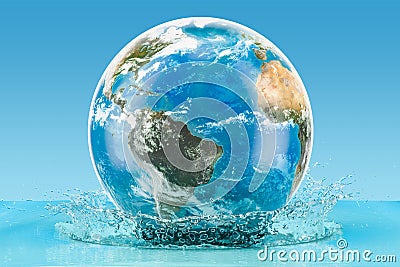 Earth Globe with water splash on the blue background, 3D rendering Stock Photo