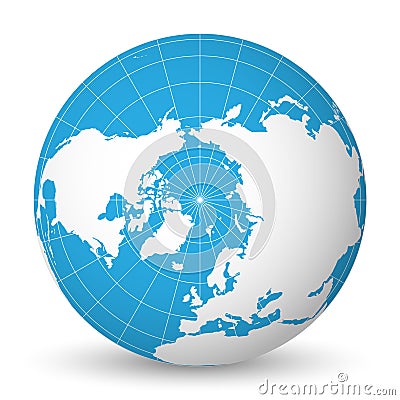 Earth globe with white world map and blue seas and oceans focused on Arctic Ocean and North Pole. With thin white Vector Illustration