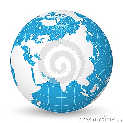 Earth globe with white world map and blue seas and oceans focused on Asia. With thin white meridians and parallels. 3D Vector Illustration