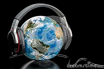 Earth Globe with wireless headphones, world music concept. 3D re Stock Photo
