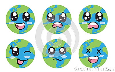 earth globe world map space planet geography with big smile angry afraid blinking eye sad and laughing expression Vector Illustration