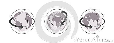 Earth globes with direction arrows. World map in globe shape. Earth globe icon set. Vector illustration Vector Illustration