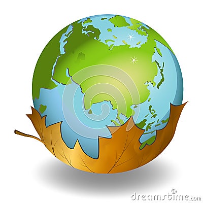 Earth globes on leaf on white background Cartoon Illustration