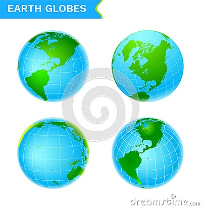 Earth globes vector icon set in green and blue color on white background. Set of 4 vector icons. Vector Illustration