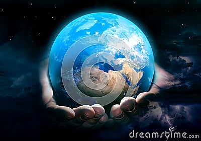 Earth in God`s hands art. Cartoon Illustration