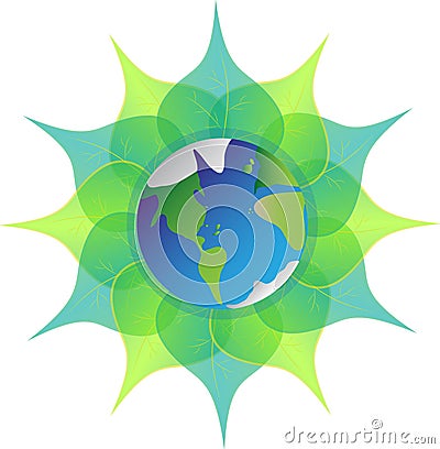 Earth on green leaves on white background. Mother earth. Blue planet. Vector Illustration