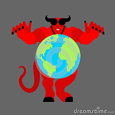 Earth in hands of demon. Devil holds planet. beginning of apocalypse. Satan and world Vector Illustration