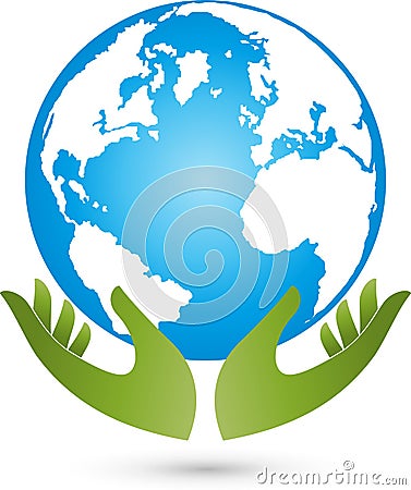 Earth and hands, globe colored, earth and economy logo Stock Photo