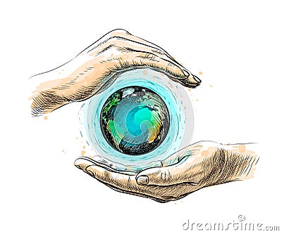 Earth between hands representing environment conservation, hand drawn Vector Illustration