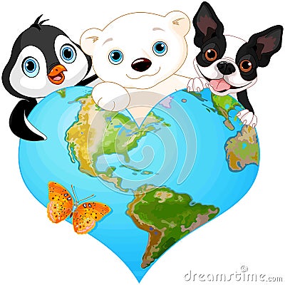 Earth heart with animals Vector Illustration