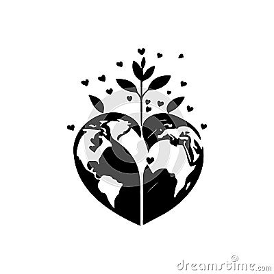 Earth heartIcon hand draw black colour world kindness day logo symbol perfect Vector Illustration