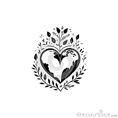 Earth heartIcon hand draw black colour world kindness day logo symbol perfect Vector Illustration