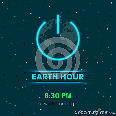 Earth hour concept with neon lights. Flat Earth planet in Space. Earth globe with on/off light switch icon or power button. Vector Illustration