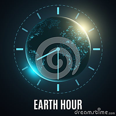 Earth Hour. Futuristic planet earth. 60 minutes without electricity. Sunrise. Global holiday. Abstract world map. Vector illustrat Vector Illustration