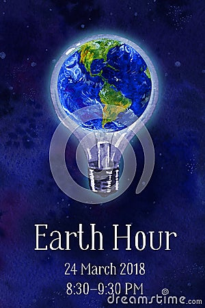 Earth hour hand drawn watercolor illustration - globe in bulb in outer space Cartoon Illustration