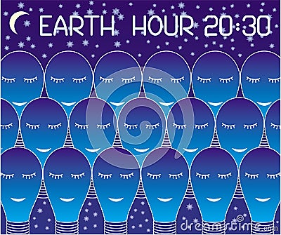 Earth Hour. Many lamps, drawn by a white contour, sleep against the starry sky. Text: Earth Hour 20:30. Vector Illustration