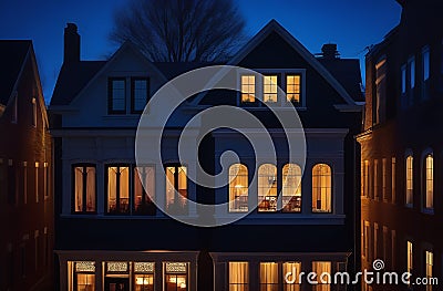 Earth Hour moment. Glow of candle-lit windows in a residential neighborhood, symbolizing a collective commitment to Stock Photo