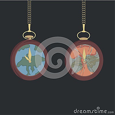 Earth Hour. Pocket watch on a chain. Earth in hours. The threat of a nuclear explosion. Doomsday Clock. Explosion. save the planet Vector Illustration