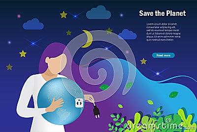 Earth hour, turn off light to save energy. Woman unplug green globe in arm for relaxing. World environment day, earth day and care Vector Illustration