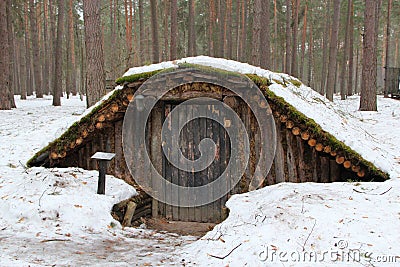 Earth-house built by Soviet partisans in Ukrainian forest while Secont World War Stock Photo