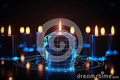 Earth hud surrounded by candl light. End of world, artificial inteligence danger. Stock Photo