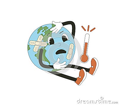 Earth hurt retro mascot with hot temperature. Sick planet cartoon character for holiday banner isolated on white background. Vector Illustration