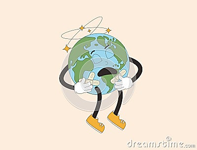 Earth hurt retro mascot. Sick planet cartoon character. Climate change and ecological problems. Vector flat illustration Vector Illustration